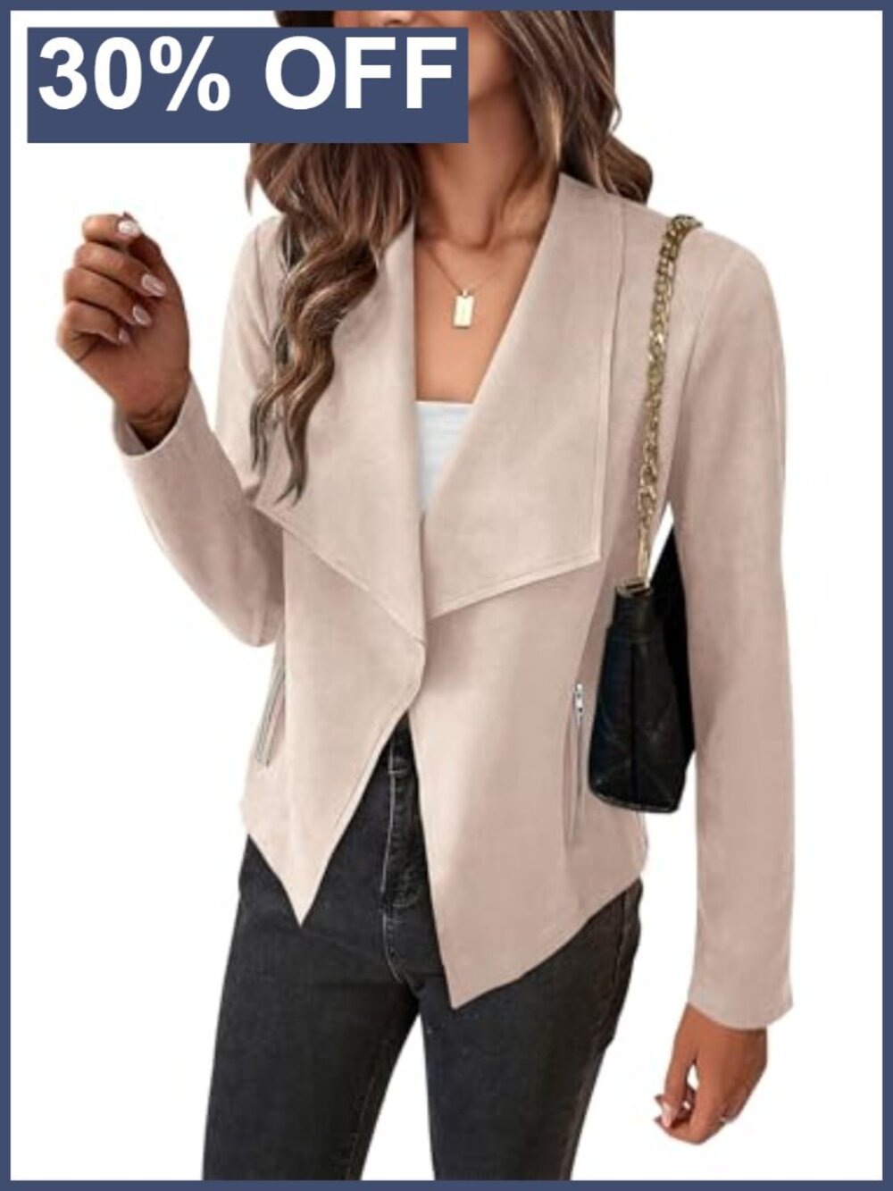 Faux Suede Jacket Cropped Waterfall Collar Casual Outerwear